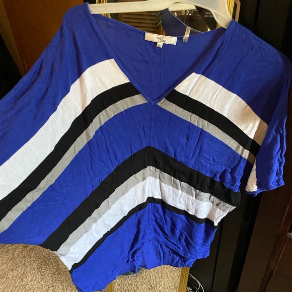 Sorry for the wrinkles! Fun blue black white and gray striped shirt. - Picture 2 of 2